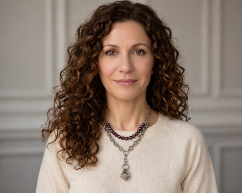 Urban Pearl Necklace on deep purple velvet with oxidized silver chain, dark peacock pearls and faceted pendant by Laura Cowan Modern Judaica
