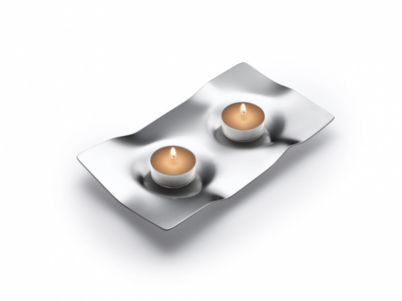 Modern Shabbat candle holder with lit tea lights, Moon Path Duo