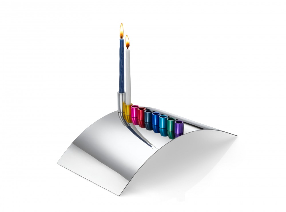 Building Bridges Menorah designed by Laura Cowan with candles